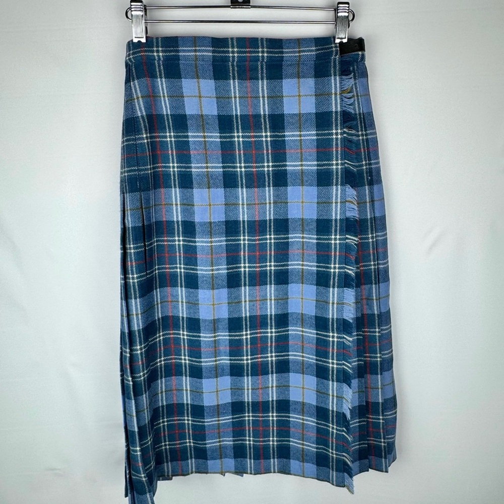 VTG Scottish Blue Plaid Tartan Wool Pleated Midi Skirt